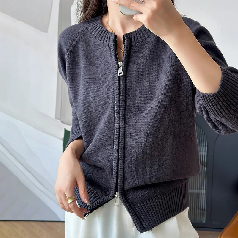 YTFidio 100% Cotton Women O-neck Thick Zipper  Solid Cardigan Luxury Designer Clothing Woman Pullover Female Tops 401
