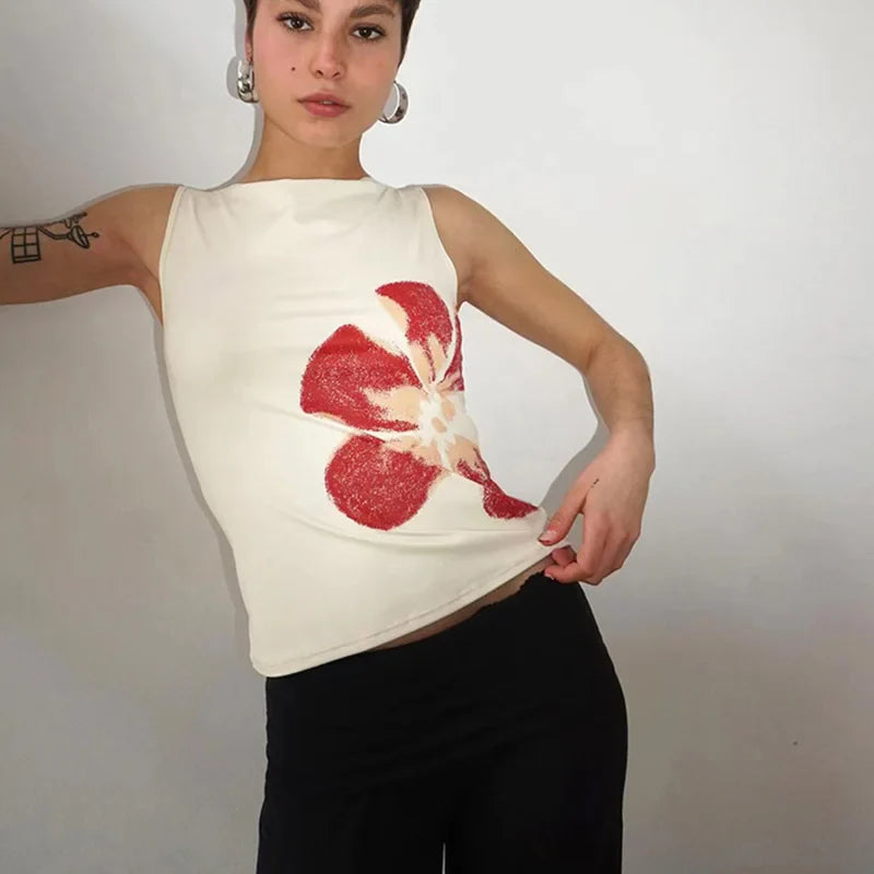 2025 New Fashion Women's Crop Tank Tops Fitted Flower Print Boat Neck Sleeveless Summer Tops for Party Club