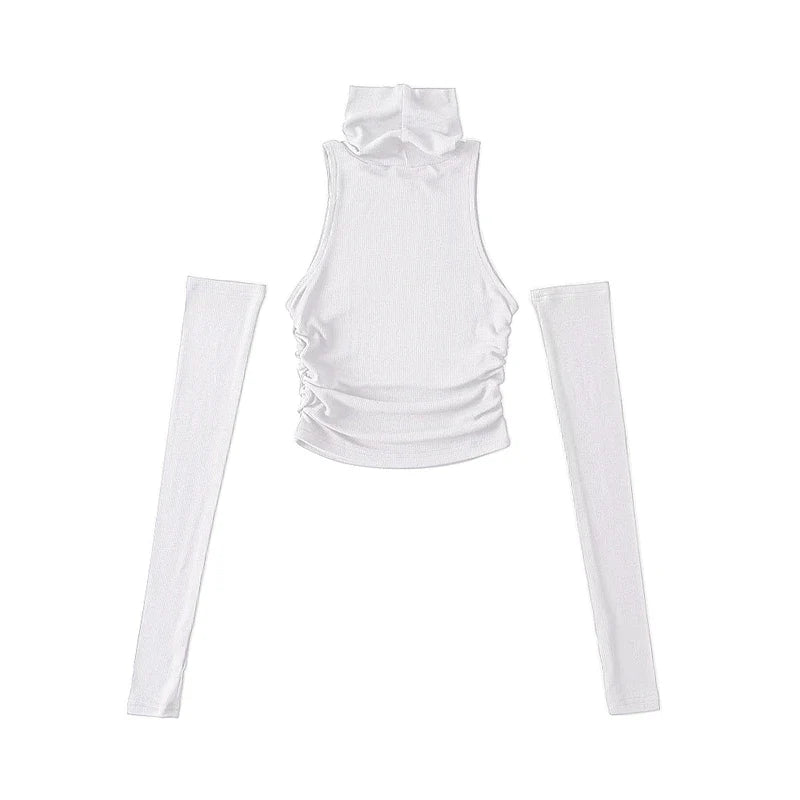 Woman Clothes Fall 2025 Tank Top Sleeve Cover Sleevless Side Pleats Turtleneck T-shirt  Sexy Ribbed Knitted Tops Y2k 2529