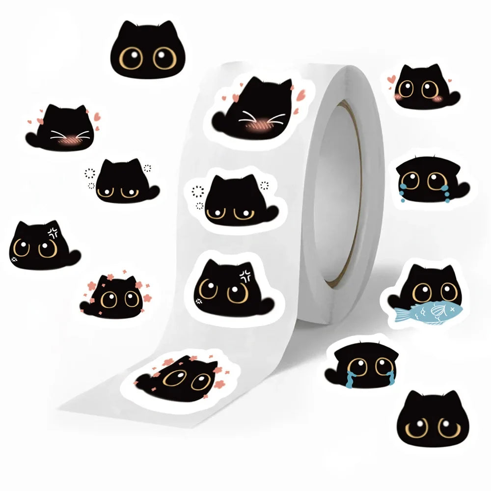 500pcs Funny Kawaii Black Cat Stickers Roll Cute Decals DIY Fridge Notebook Phone Laptop Bike Wall Stationery Sticker Kids Toys