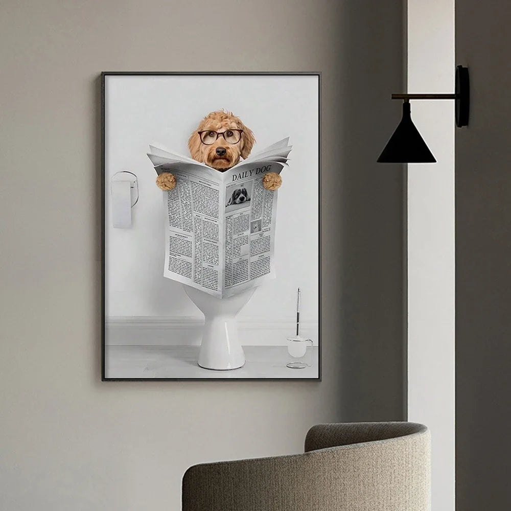 Modern Simple Animal Wall Art Dachshund Toilet Reading Newspaper Canvas Printed Poster Home Bathroom Bedroom Decoration