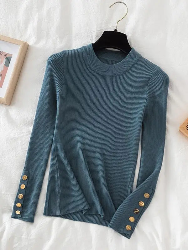 2026 women thick sweater pullovers khaki casual autumn winter button o-neck chic sweater female slim knit top soft jumper tops