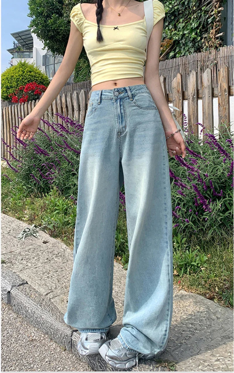 New Design Sense Women's Loose Denim Pants Retro Straight Leg Pants Fashionable Solid Color Loose Casual Wide Leg Pants