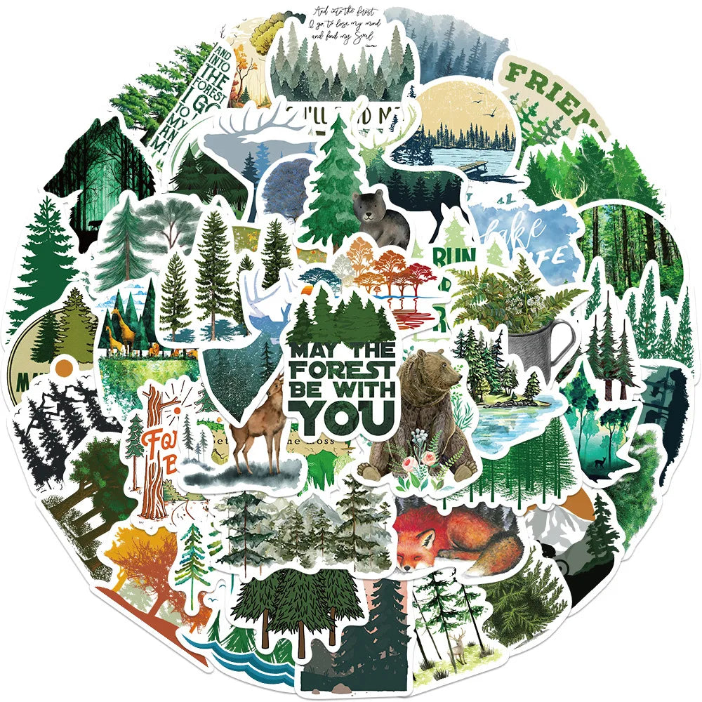50PCS Green Forest Graffiti Stickers Decorative Guitar Luggage Waterproof DIY Stationery Stickers