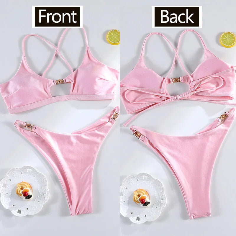Miyouj Bandage Swimwear Summer Swimsuit High Cut Bikini Set Solid Sexy 2-Piece Suit New Bathsuit Hollow Out Thongs Beachwear