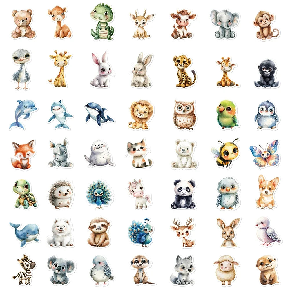 10/30/50pcs Cute Cartoon Watercolor Animal Graffiti Stickers DIY Suitcase Laptop Luggage Water Bottle Decoration Sticker Decals