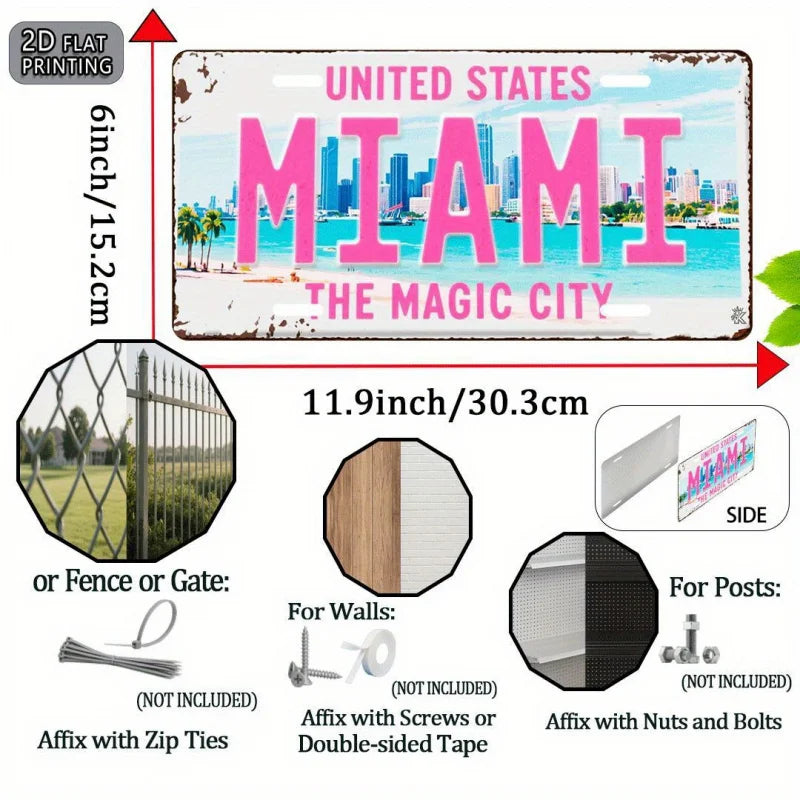 2DFlat Miami retro Metal Aluminum Sign License Plate，Travel Souvenirs，Friend Gift，Birthday Gift