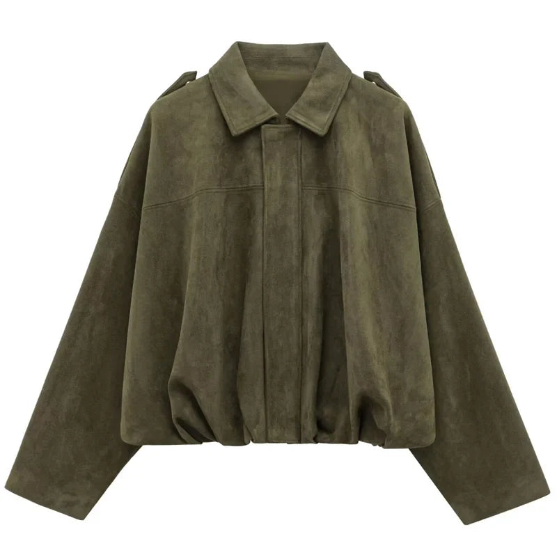 HXAO Women's Bomber Jacket Lapel Long Sleeve Zipper Suede Jacket Women 2025 High Street Cropped Racing Jackets Coats Outerwears