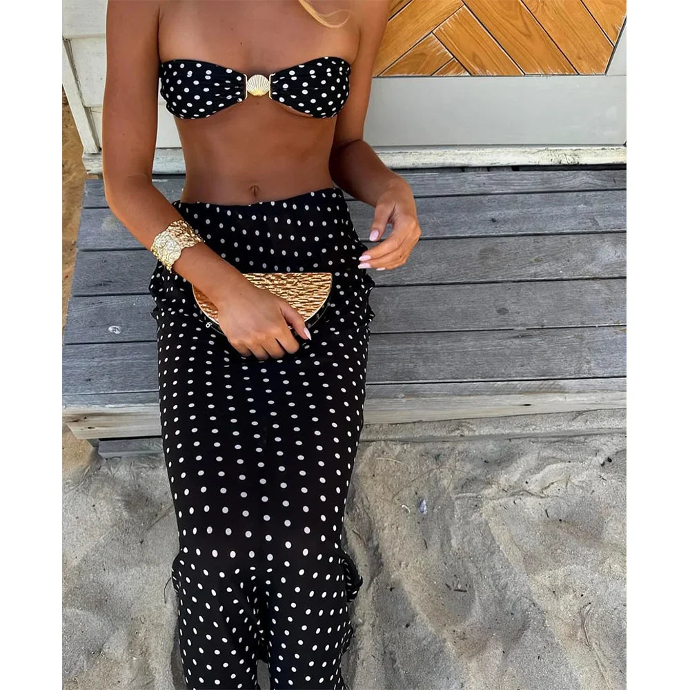 Bandeau Dot 3 Pieces Sexy Bikini With Long Skirt Women Swimsuits Female Swimwear Bathing Suit Swimming Suits Beachwear Biquini