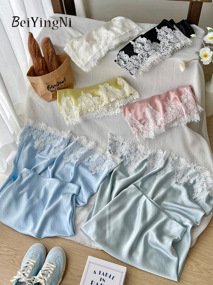 Beiyingni French Elegant Satin Mermaid Skirt Women Spring Summer Lace Patchwork Pack Hip Long A-line Skirts Office Ladies Faldas