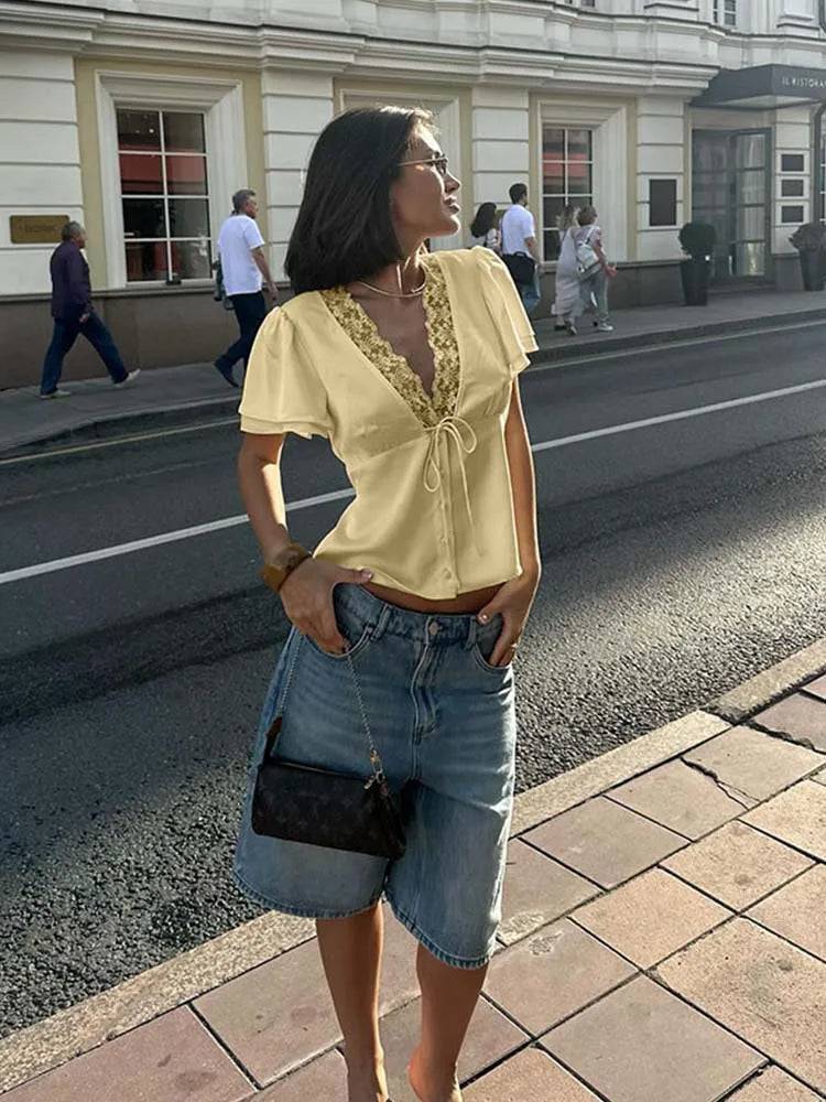 Ahagaga Causal Women Tops Solid Lace -Neck Short Sleeves Satin Slim Button Regular Eelgant Streetwear Tees Female Basic T Shirts