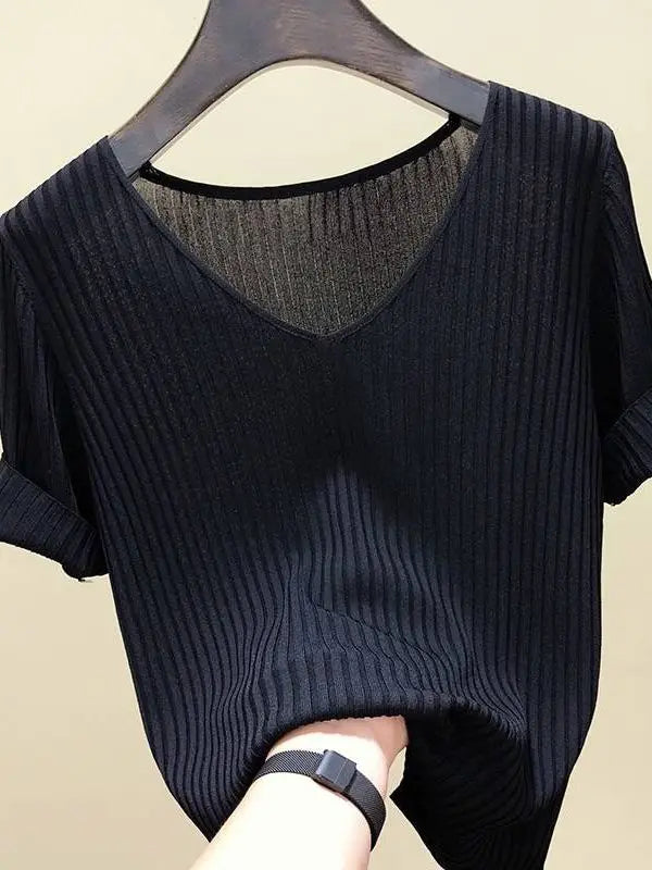 AOSSVIAO 2026 Basic V-neck Solid Thin Summer Women Pullover Female Thin Knitted Ribbed Sweater Slim Short Sleeve Bodycon Sweater
