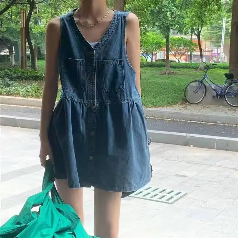 Sleeveless Strap Dress Women Summer Single-Breasted Pockets Denim Dresses Woman Korean Style Loose A Line Mini Dress