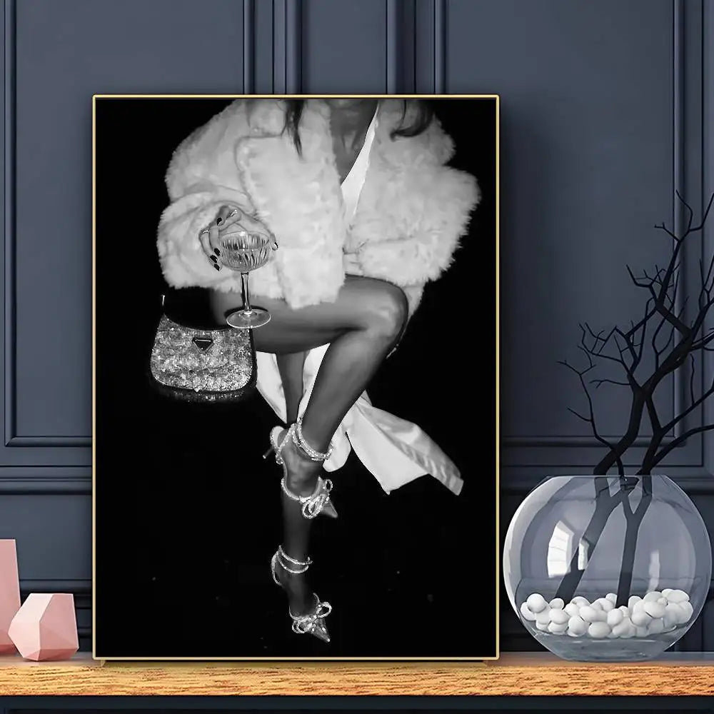 Modern Luxury Fashion Black White Art Heels Champagne Retro Poster Sticky Wall Art Printing Waterproof Home Living Bed Room Bar