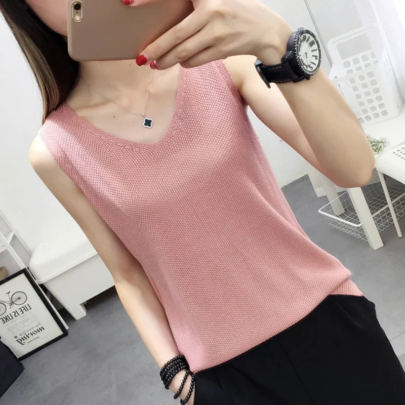 Fashion Woman Blouses 2024 V-neck Knitted Blouse Shirt Women Clothes Sleeveless Summer Blouse Women Womens Tops And Blouses C860