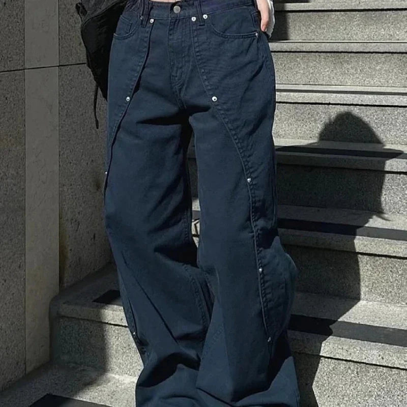 Jeans for Woman Y2k Clothes Relaxed Loose Fit Wide Leg Trousers Vintage American Retro Style with Rivet Patchwork Split Design