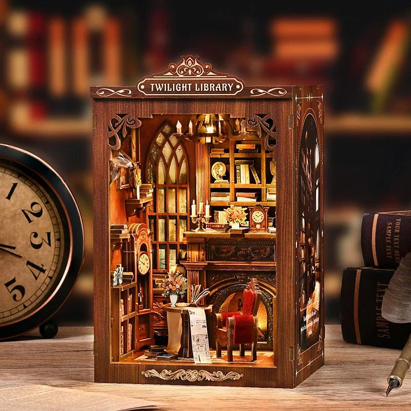 DIY Book Nook Kit - TWILIGHT LIBRARY Wooden Bookend, 3D Puzzle Assembly, Handmade Model for Christmas & Black Friday Gifts