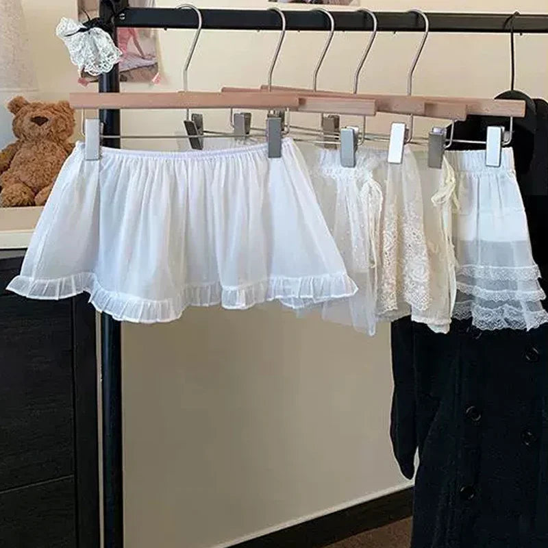 Solid Harajuku White Beige Mesh Lace Skirt Y2k Korean Girl Stacked Skirt Chic Apron Wrap Skirt Lace Up Matching Pants Streetwear