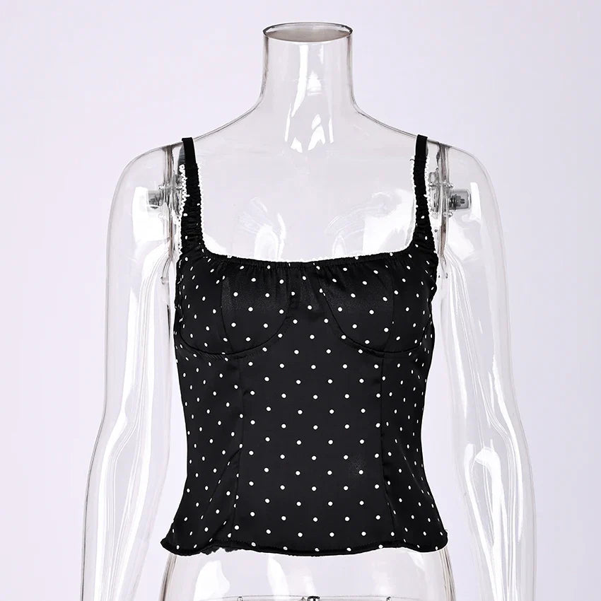 Linad Sexy Backless Polka Dot Tank Top Elegant Satin Spaghetti Strap Lace Camis Street Chic Sleeveless Vest Female 2025 Summer