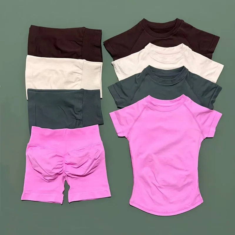 2 Pcs HISTELLO Sports Gym Sets Short Sleeve Seamless Yoga Clothing Fitness Set Women Workout Running Sports Short Leggings Suit