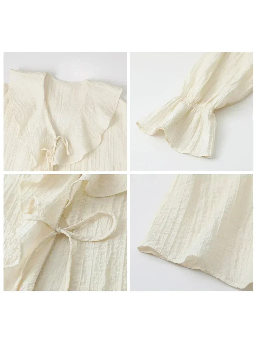 CHIC VEN Women Shirt Loose Casual Ruffled Edges Female Blouses V Neck Lace Up Mid Length Woman Shirts Spring Summer 2026