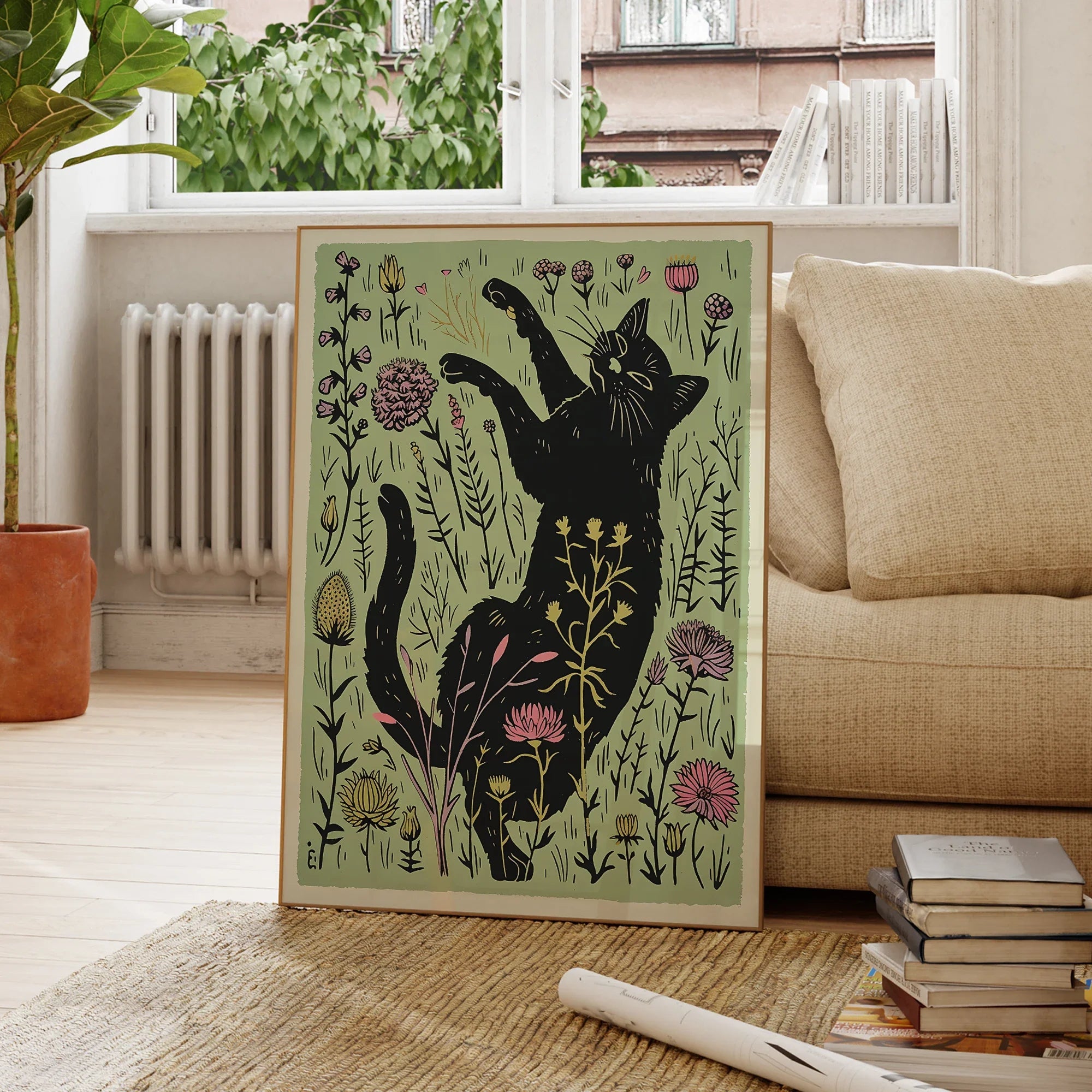 Modern Cute Black Cat With Flowers Lllustration Wall Art Prints Canvas Painting Poster Picture For Living Room Home Decor