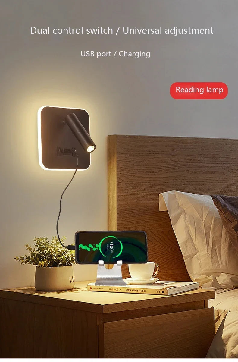 Modern Minimalist Led Wall Lamp USB Charging Indoor Bedroom Lamp Hotel Bedside Reading Lamp Wall Lights Sconce Switch AC 90~240V