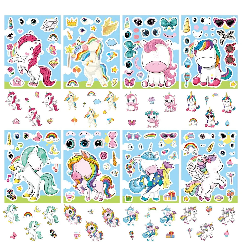8/16/24PCS Cartoon Rainbow Unicorn DIY Collage Stickers Decorative Mobile Tablets Skateboards Waterproof Stationery Stickers