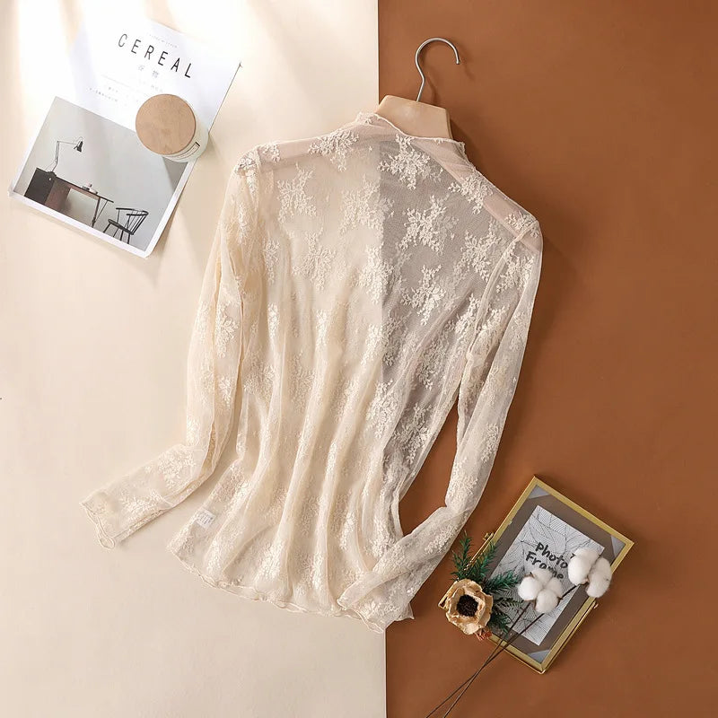 Sexy Women Mesh T-Shirts Transparent Lace Blouse Long Sleeve See Through Tops For Women Bottoming Shirt Sheer Tees Body Crop Top