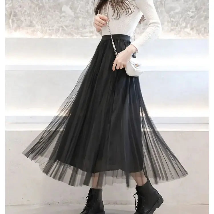 Vintage Tulle Skirt Women Streetwear Elastic High Waist Mesh Pleated Skirts Summer Elegant Korean A Line Office Ladies Skirt New
