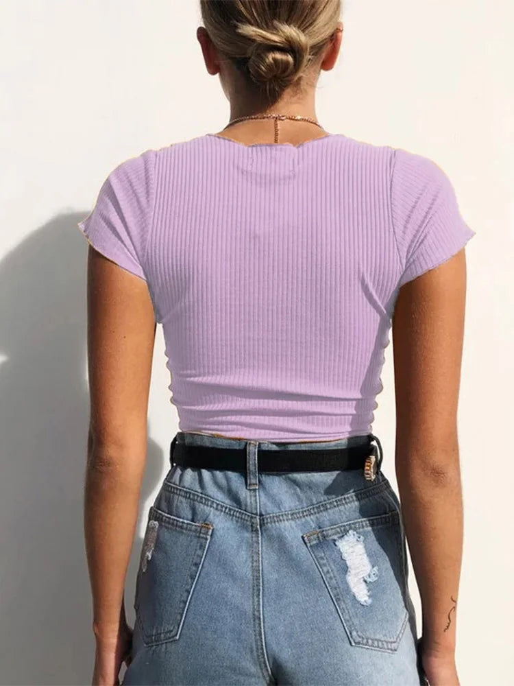 Sexy V Neck Cropped Tank Tops Women Drawstring Tie Up Front Camis Candy Colors Streetwear Slim Fit Ribbed Crop Top