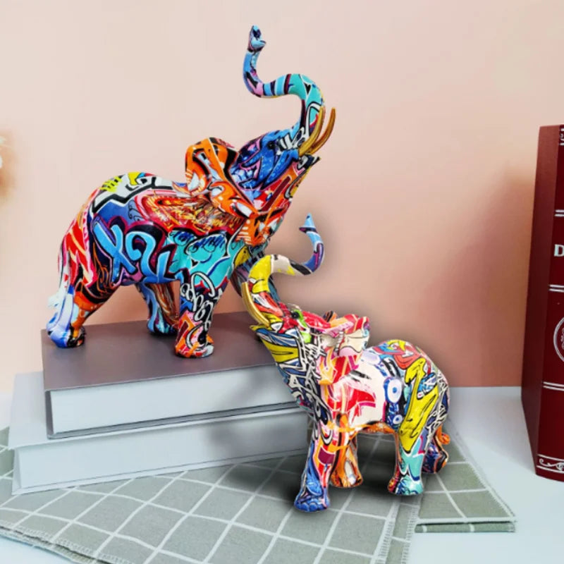 Home Decor Nordic Painting Graffiti Elephant Sculpture Figurine Art Elephant Statue Creative Resin Crafts Decoration Ornaments