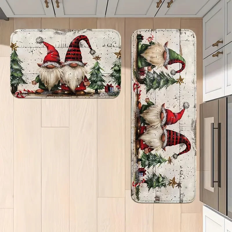 VIKAMA 2-Piece Christmas Rug Set White-Bearded Father Christmas Design Kitchen Mat Entrance Doormat Non-Slip Festive Home Decor