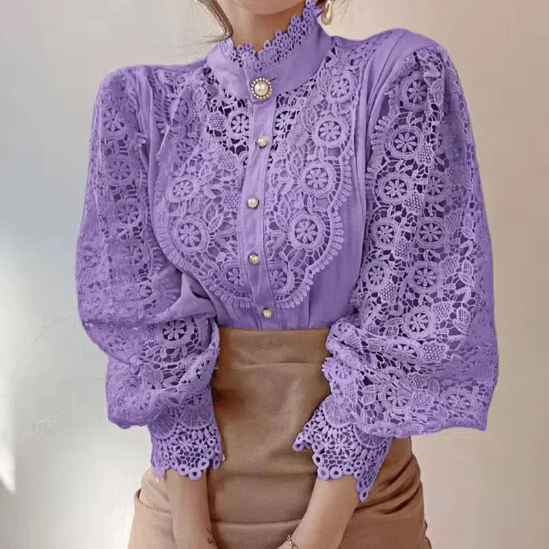 New Women's Long Sleeve High Neck  Chic Blouse, Lace Paneled Hollow Sleeve Elegant Top, Vintage Fashion Office Lady Outfits