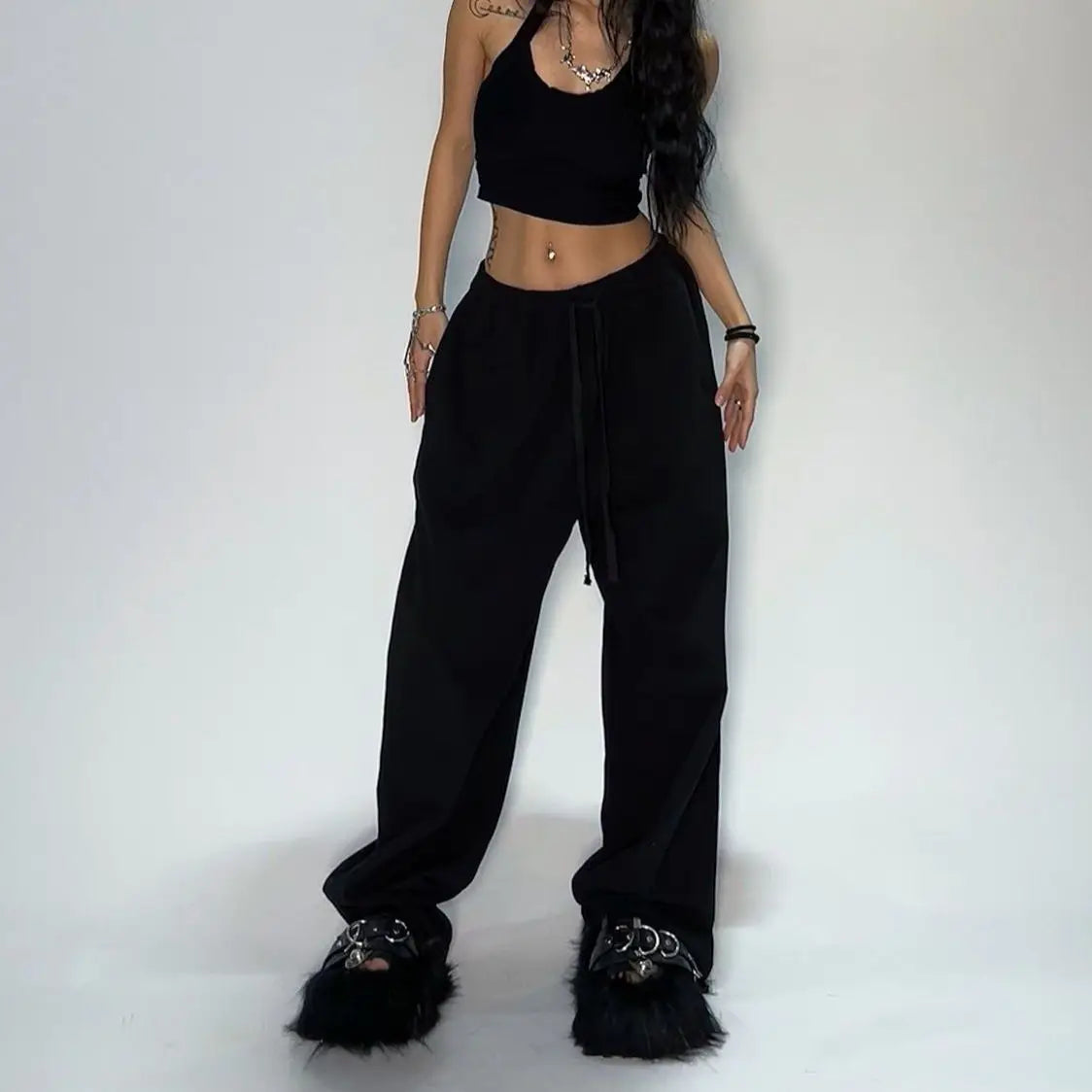 Y2k Gray Casual Pants Vintage Functional Tactical Men's Women's Premium Jogging Wide Leg Pants Drawstring Streetwear Sweatpants