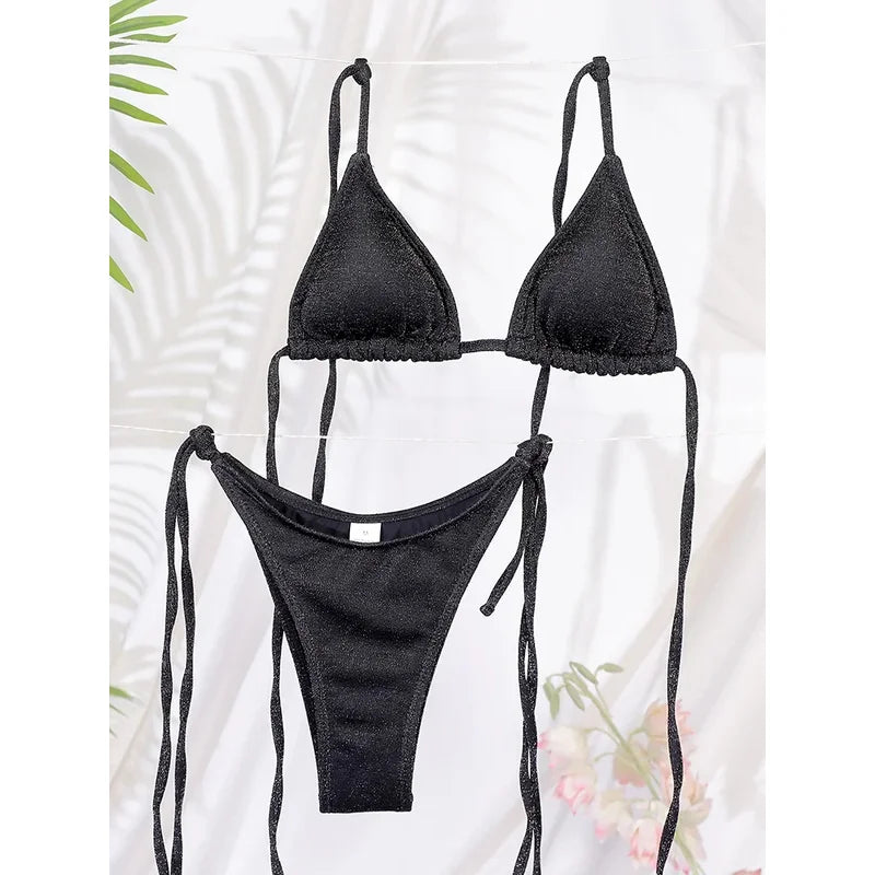 Miyouj Glossy Triangle Bikini Set Bandage Style Two Piece Swimwear for Women Summer Beachwear New Arrival
