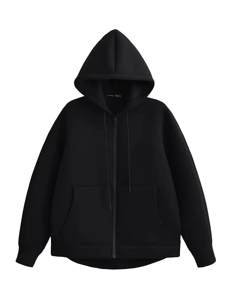 HH Autumn Women Gray Jacket With Hood Long Sleeve Big Pocket Zipper Jacket Coat Woman Loose Casual Outerwear Coat Tops