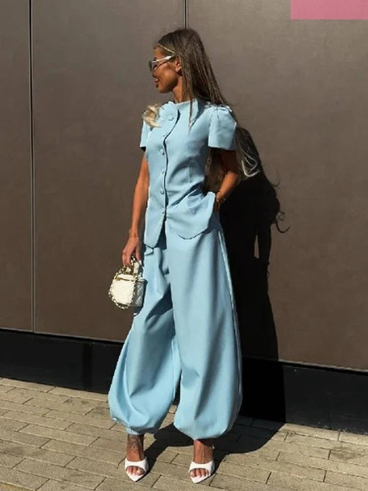 Women's Frog Button Puff Sleeve Shirt Trousers Set O-neck Leg-binding Lantern Pants Suits Lady 2026 Spring Summer Female Outfits