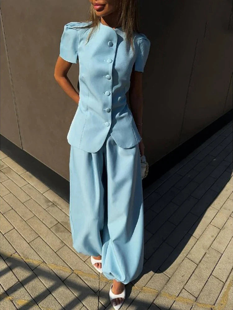 Women's Frog Button Puff Sleeve Shirt Trousers Set O-neck Leg-binding Lantern Pants Suits Lady 2026 Spring Summer Female Outfits