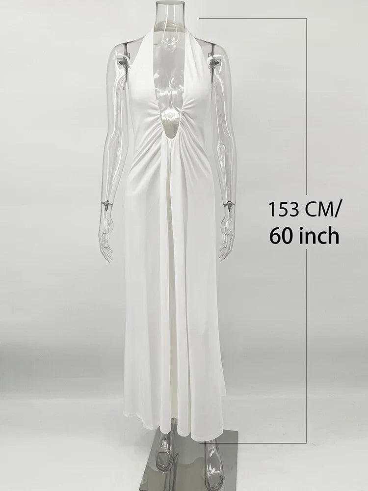 TARUXY Deep V Neck Halter Long Dress Female Elegant Ruched Ribbon Splice Summer New Vacation Dress Sexy Slim Sleeveless Vestido