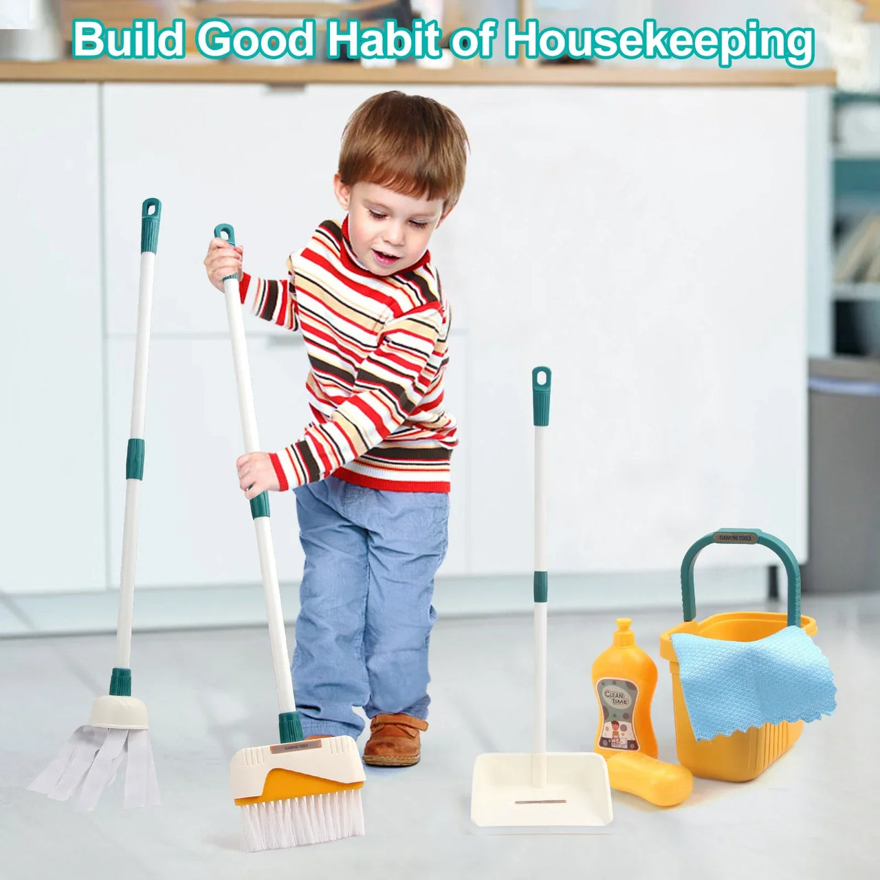 12pcs/set Kids Cleaning Set Housework Supplies Kit Play House Toys with Dustpan Broom Bucket Mop Cleaning Set for Girls & Boys