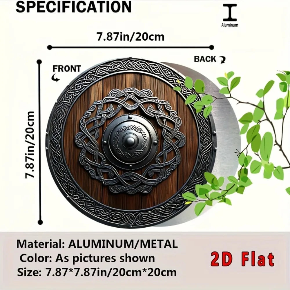 Norse Viking Shield Metal Wall Decor 2D Flat with Celtic Knots Dark Brown Home Office Bar Cafe
