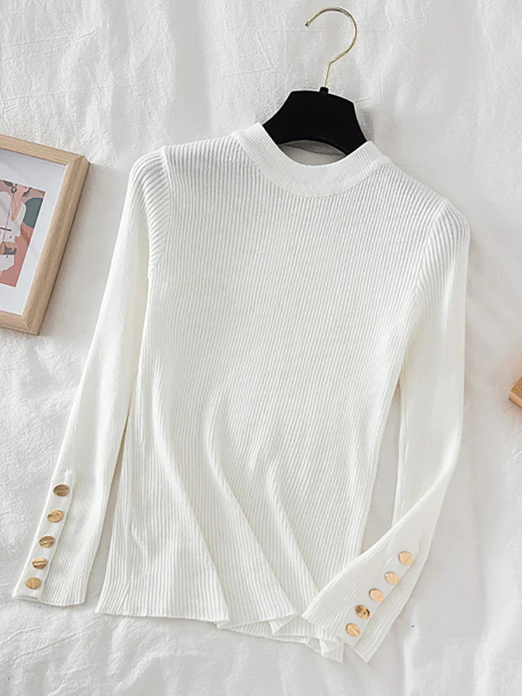 2026 women thick sweater pullovers khaki casual autumn winter button o-neck chic sweater female slim knit top soft jumper tops