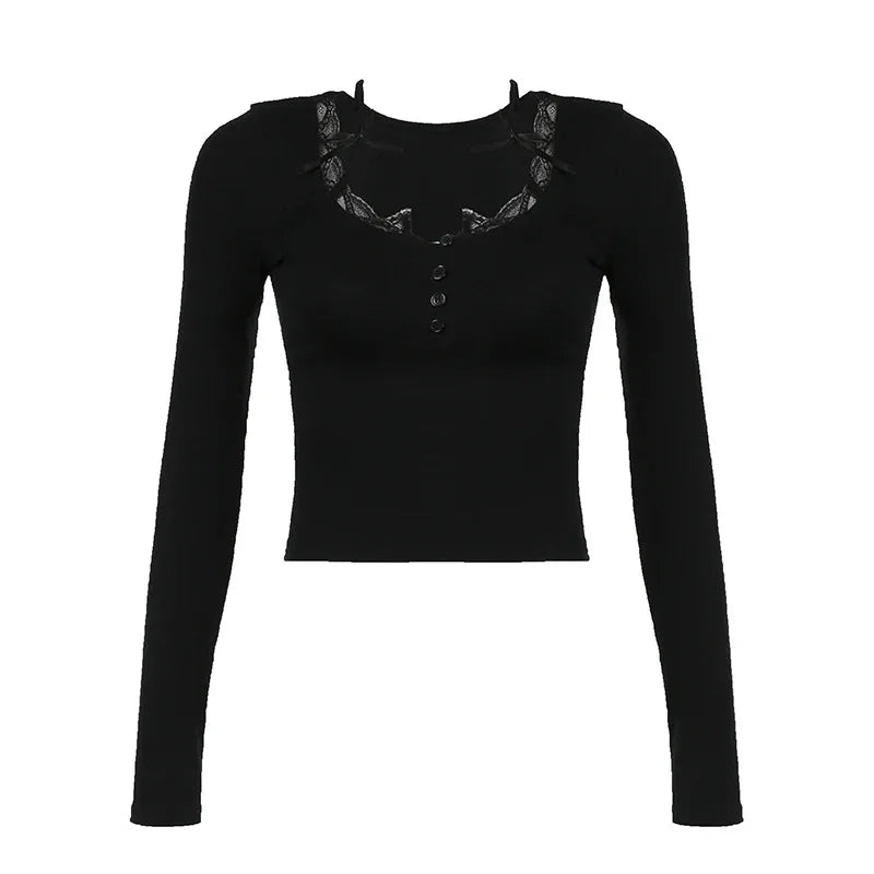 SweetSpicy Lace Stitching Square Collar Neck Long Sleeve T-Shirt Button-Up Cut-Out Slim Fit Knit Short Jacket