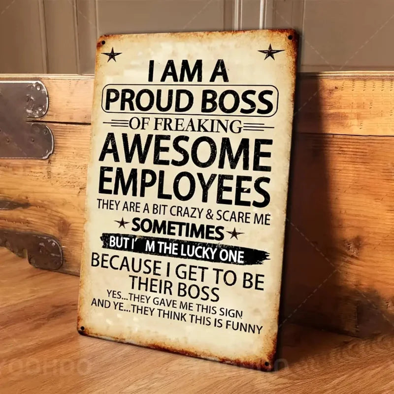 1 Piece 'Awesome Employee's Proud Boss' Aluminum Sign, 8x12 Inches - Humorous and Motivational Wall Art with Vintage Design