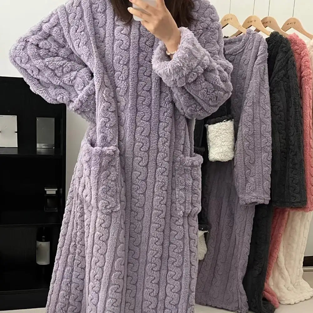 Coral Velvet Women's Nightgown Autumn And Winter Long Sleeve Double Pocket Flannel Nightgowns Women Loose Solid Sleepwear