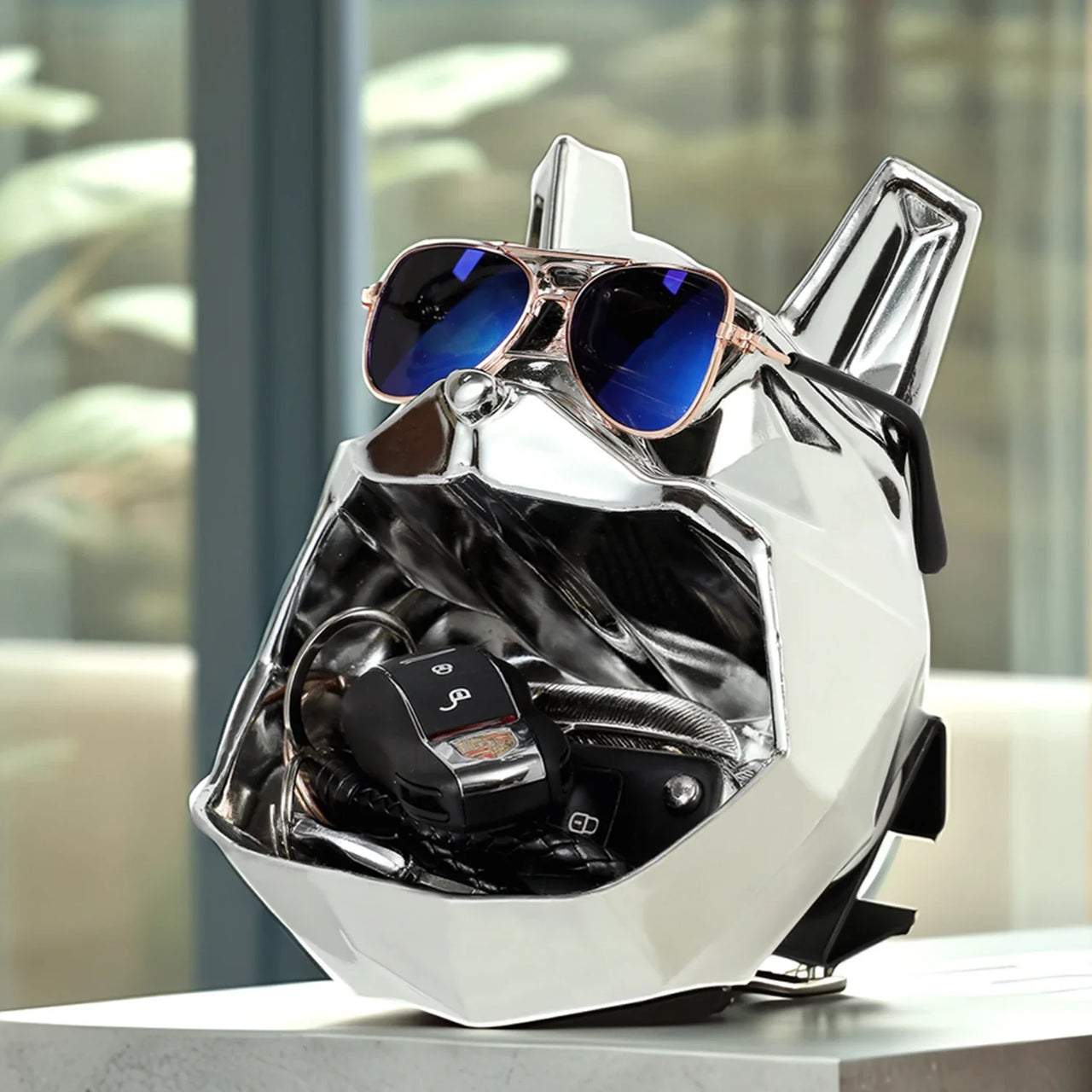 Polygon Bulldog Dog Head Figurine with Storage Electroplating Golden Silver Solid Synthetic Resin Sculpture Figurine Home Decor