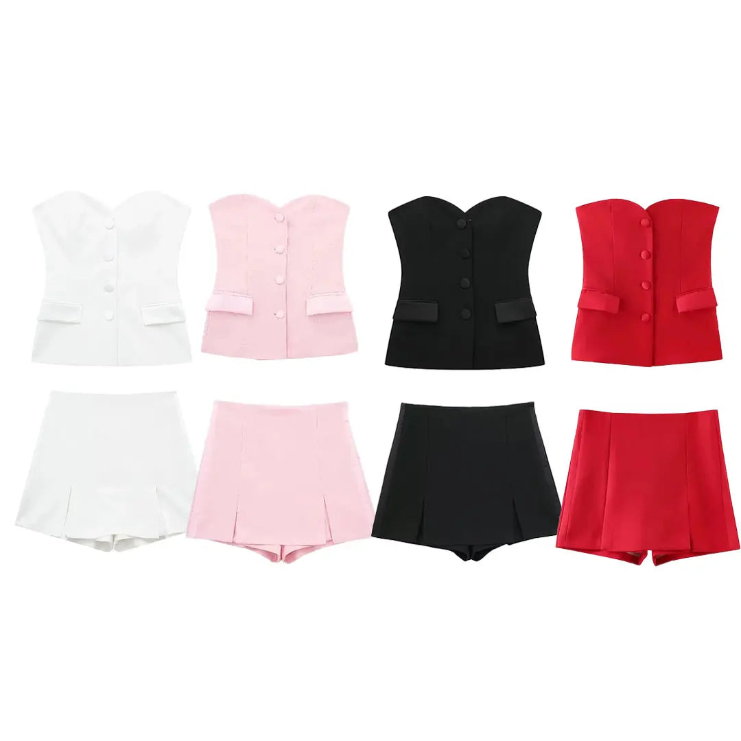 2024 Summer Fashion Woman Shorts Set Solid Chic Slim Tube Corset Top + Commuet Office Lady Wild Female Culottes Street
