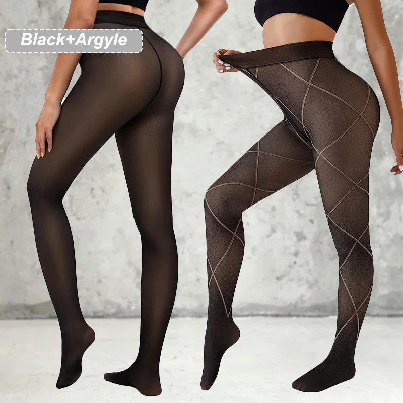 2 Packs Women Fleece Lined Leggings Outfit Fake Translucent Black Tights Seamless Pantyhose Butterfly Leopard Jacquard Design