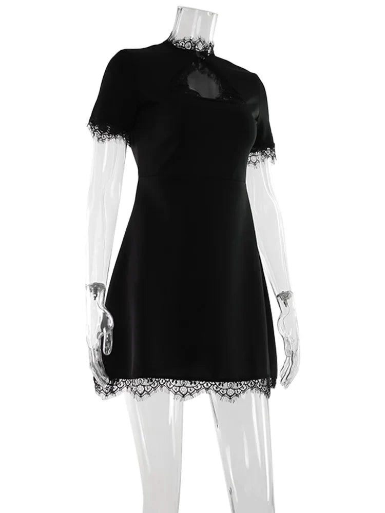 Ahagaga Sexy Women's Mini Dresses Patchwork Short Sleeves Lace Hollow Out Slim Fit Trend Baisc Turtleneck Streetwear Female Robe